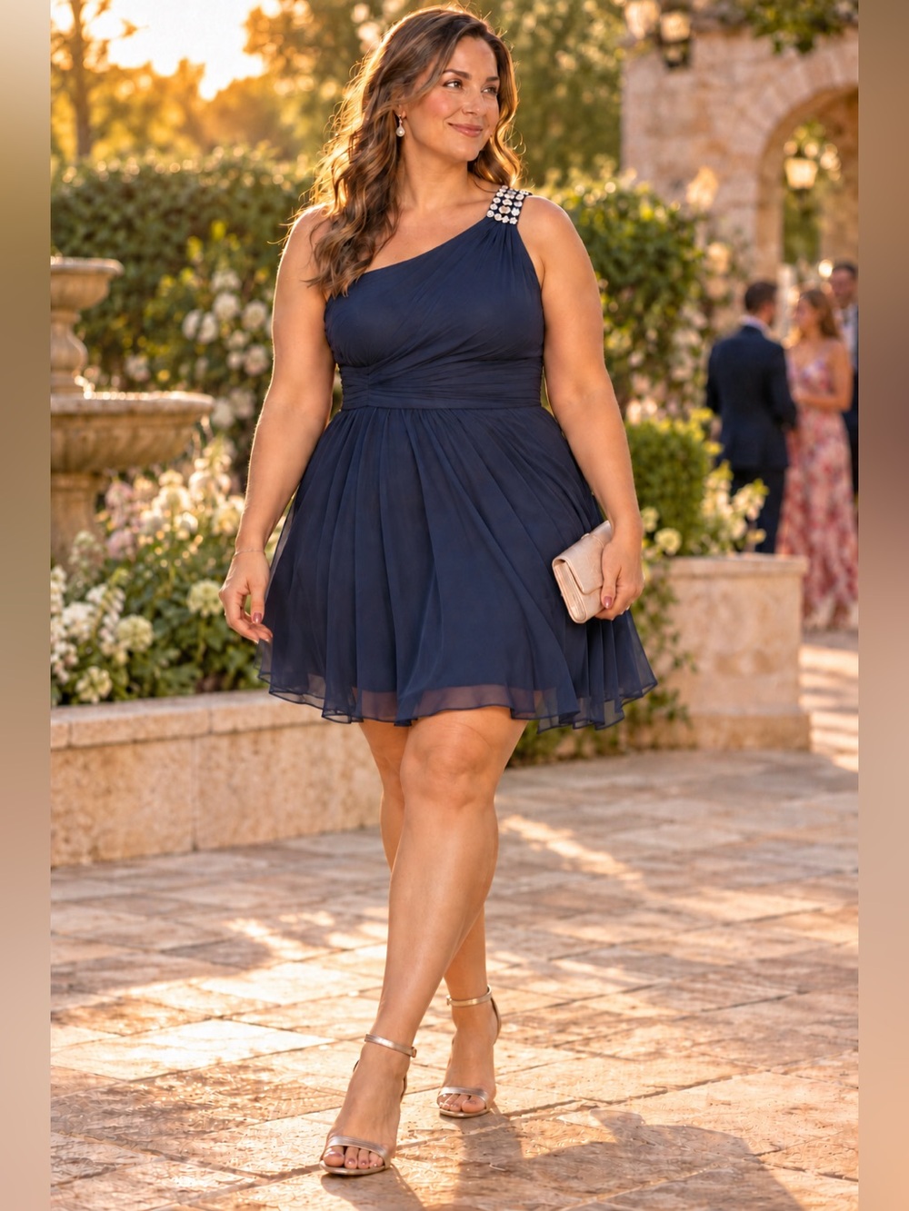 Adrianna Papell Navy One-Shoulder Chiffon Cocktail Mini Dress 16 NWT